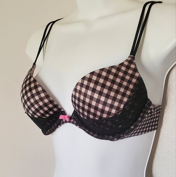 32C Victoria's Secret Very Sexy Push Up Gingham Checkered Black & Pink Lace Bra - Picture 4 of 6